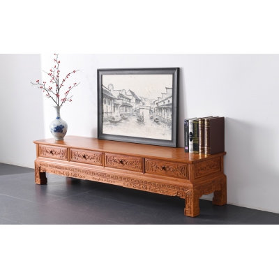 B3403 2.45M雕花四抽电视柜 缅甸花梨