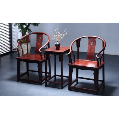 K5015-背雕麒麟圈椅带几-染料紫檀